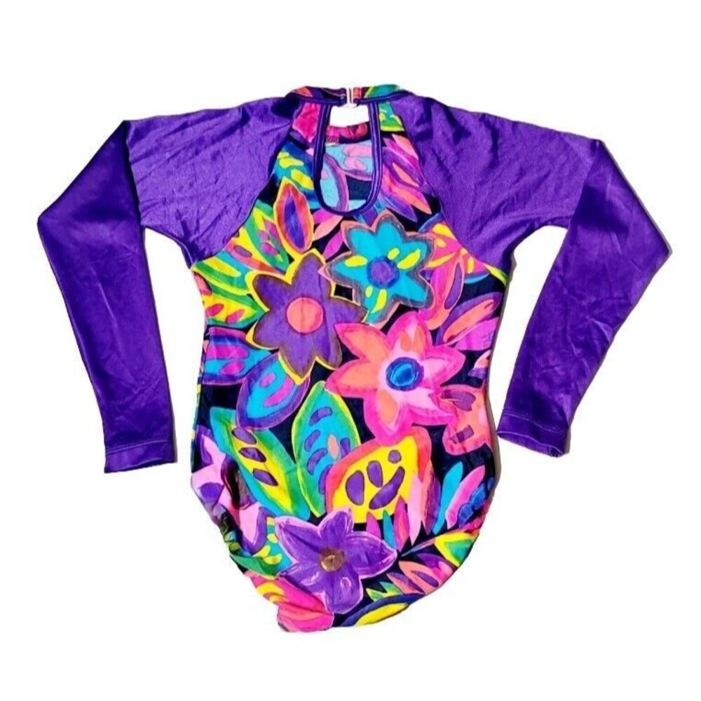 Shannon Miller GK VTG 90s Keyhole Floral Leotard Long Sleeve Purple AXS Adult XS - Picture 9 of 13